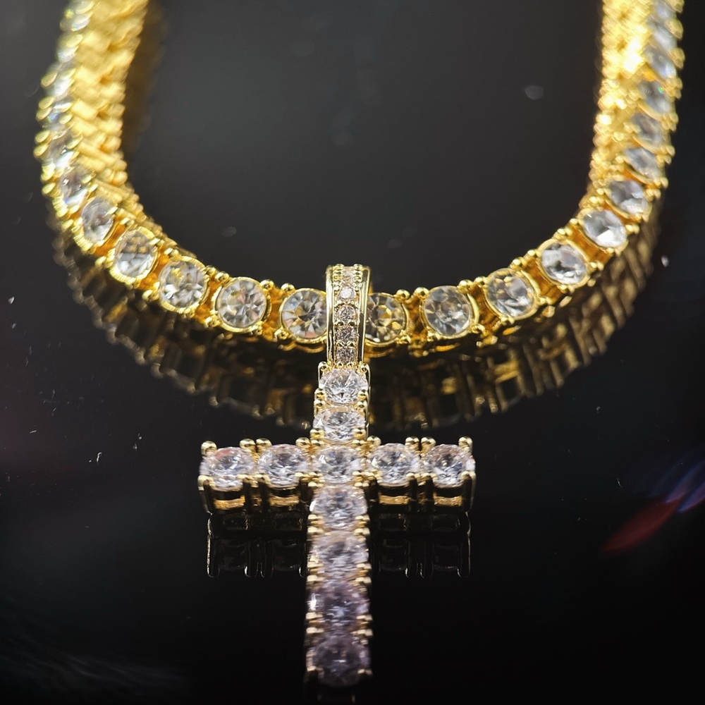 Gold Plated Sterling Silver Tennis Chain Necklace 20” with CZ Cross Pendant